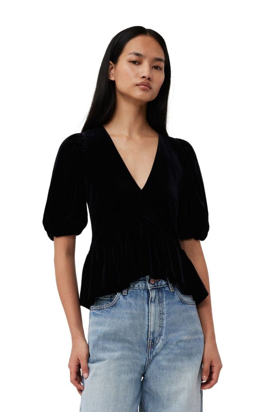 Beklaedning Ganni | Velvet Jersey Bluse (Black)