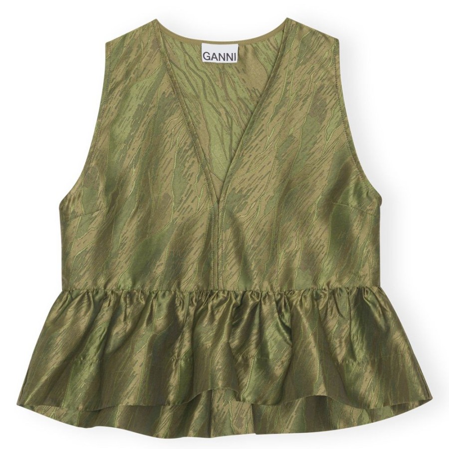 Beklaedning Ganni | Shiny Jacquard Top (Avocado)