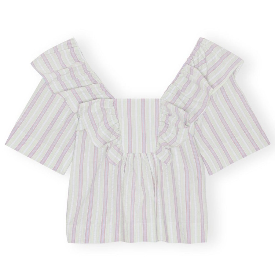 Beklaedning Ganni | Stripe Seersucker Bluse (Mauve Chalk)