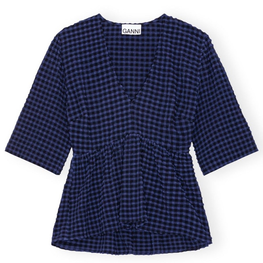 Beklaedning Ganni | Stretch Seersucker Bluse (Deep Cobalt)