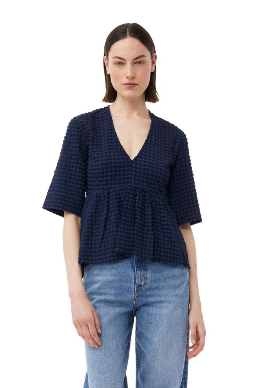 Beklaedning Ganni | Stretch Seersucker Bluse (Deep Cobalt)