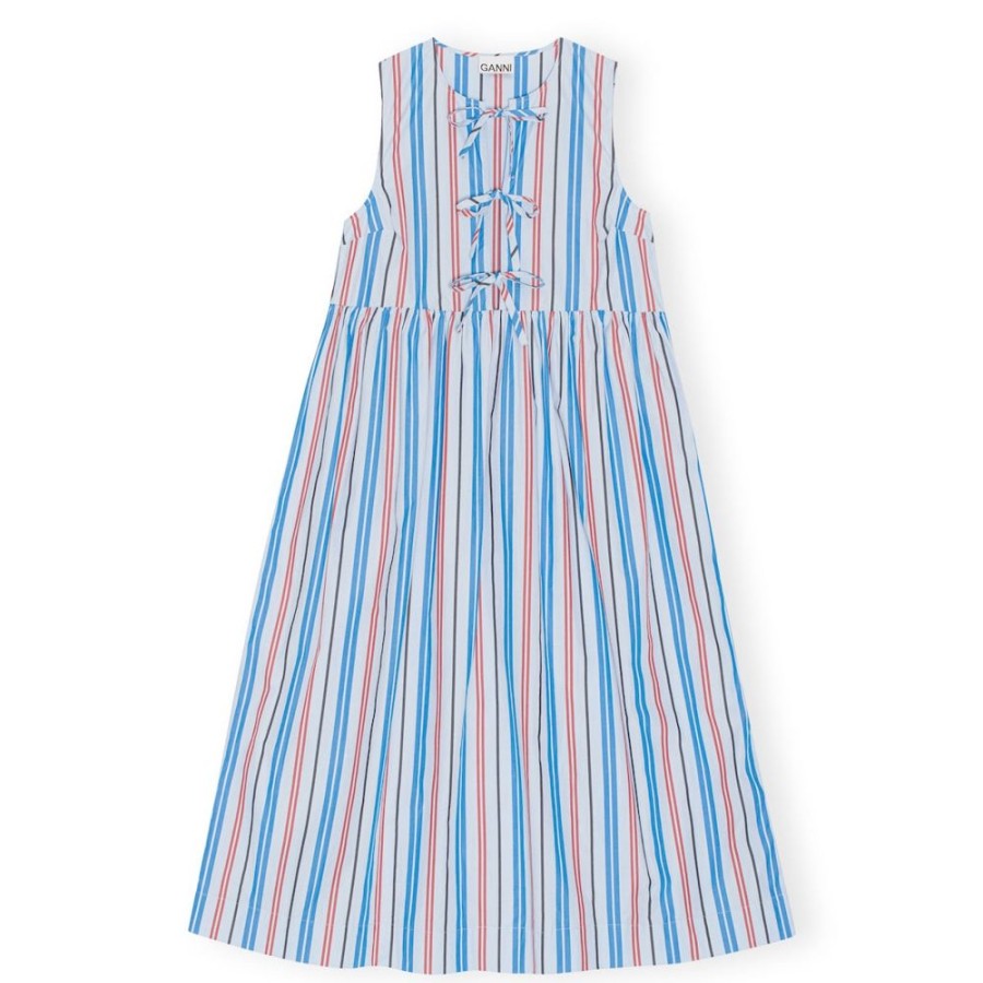 Beklaedning Ganni | Stripe Cotton Midi Kjole (Brilliant Blue)