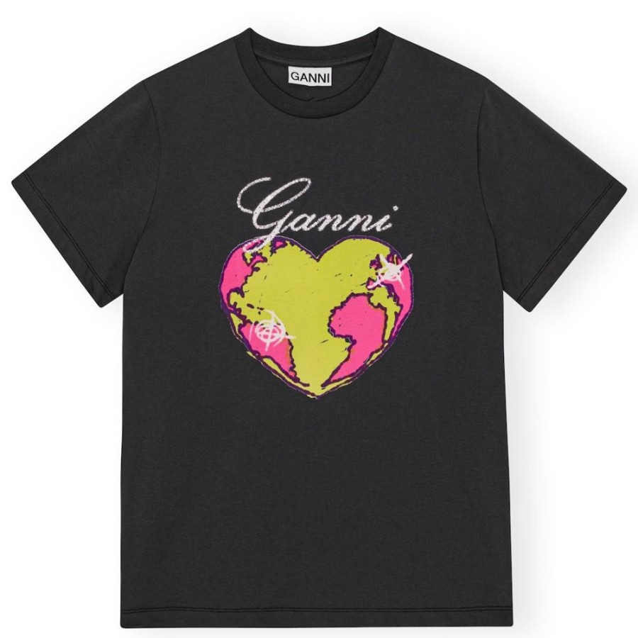 Beklaedning Ganni | Basic Cotton Jersey Heart T-Shirt (Volcanic Ash)